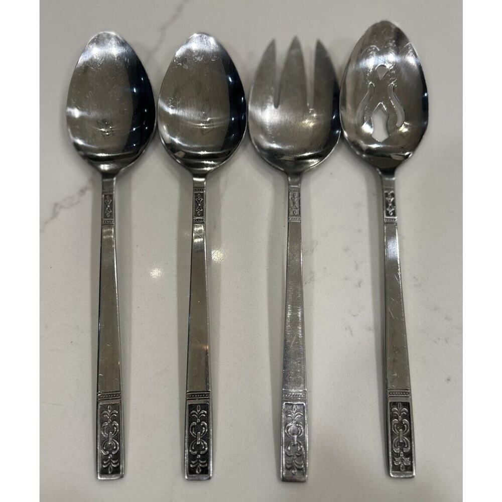 Vtg Set of 4 Fleur de‎ Lis Serving Pieces Stainless Flatware Taiwan Customcraft